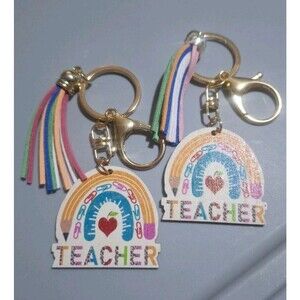 Teacher Apple Heart Colorful Pencil Paper Clip Keychains Set of 2 School Gift